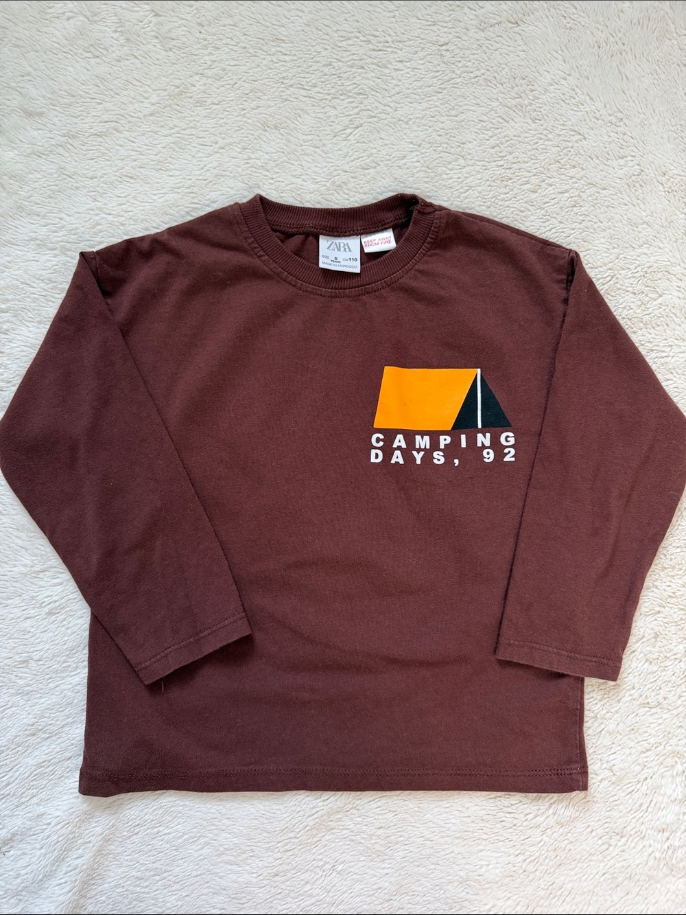 ZARA Boys Brown Long-Sleeve Tee with Orange & Black Camping Graphic. Like New